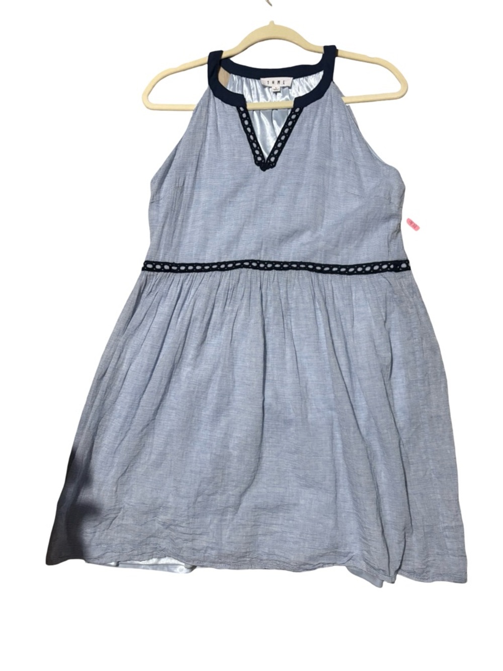 THML Navy Blue Cream Embroidered Halter Shift Dress Boho Resort Size Large